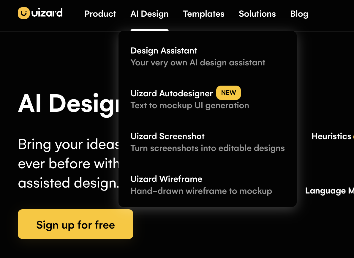 A screenshot of Uizard's website