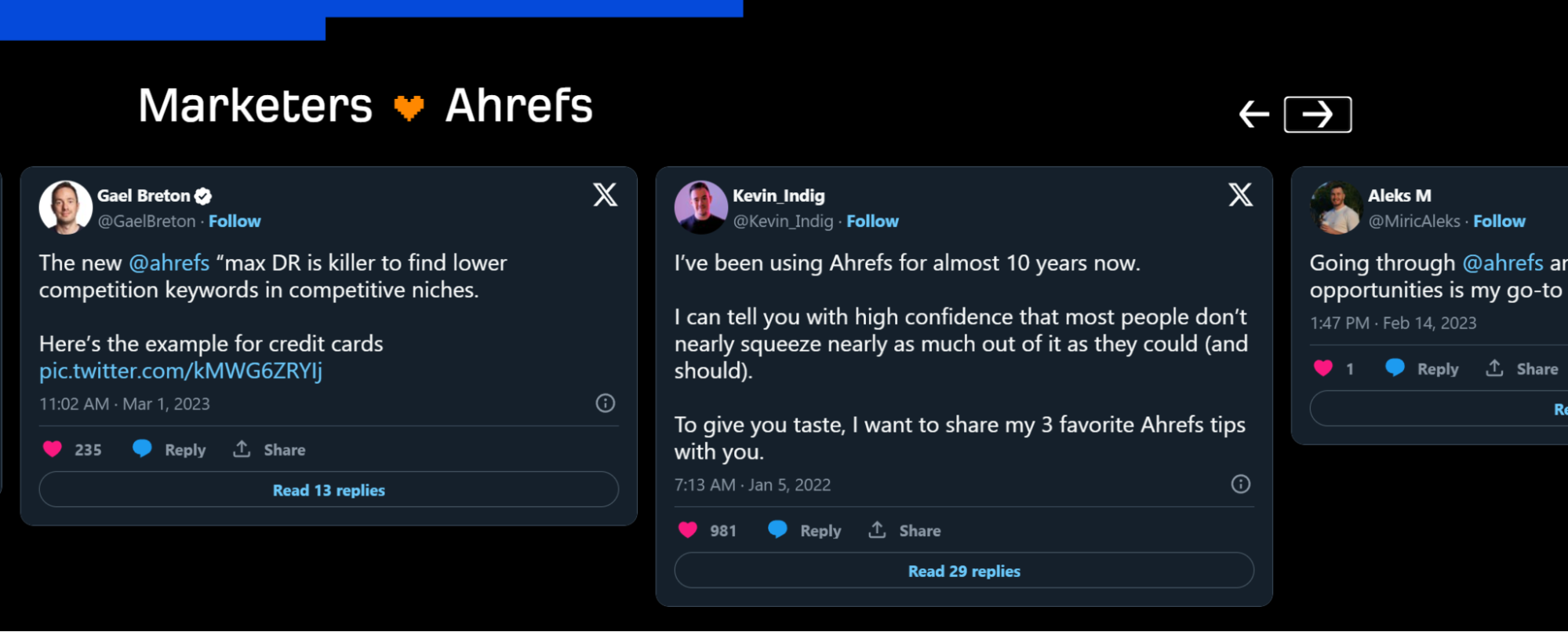 Ahrefs ends it comparison page with Tweets from marketers showing their support for the product