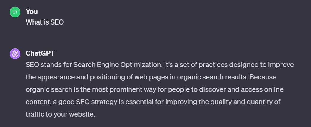 A simple prompt asking ChatGPT "What is SEO."