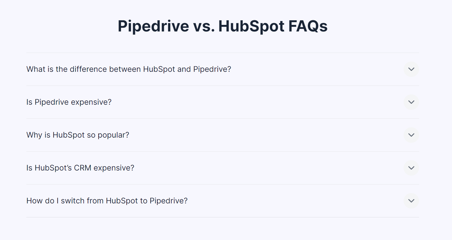 Pipedrive includes an FAQ section covering common questions about how its main competitor HubSpot