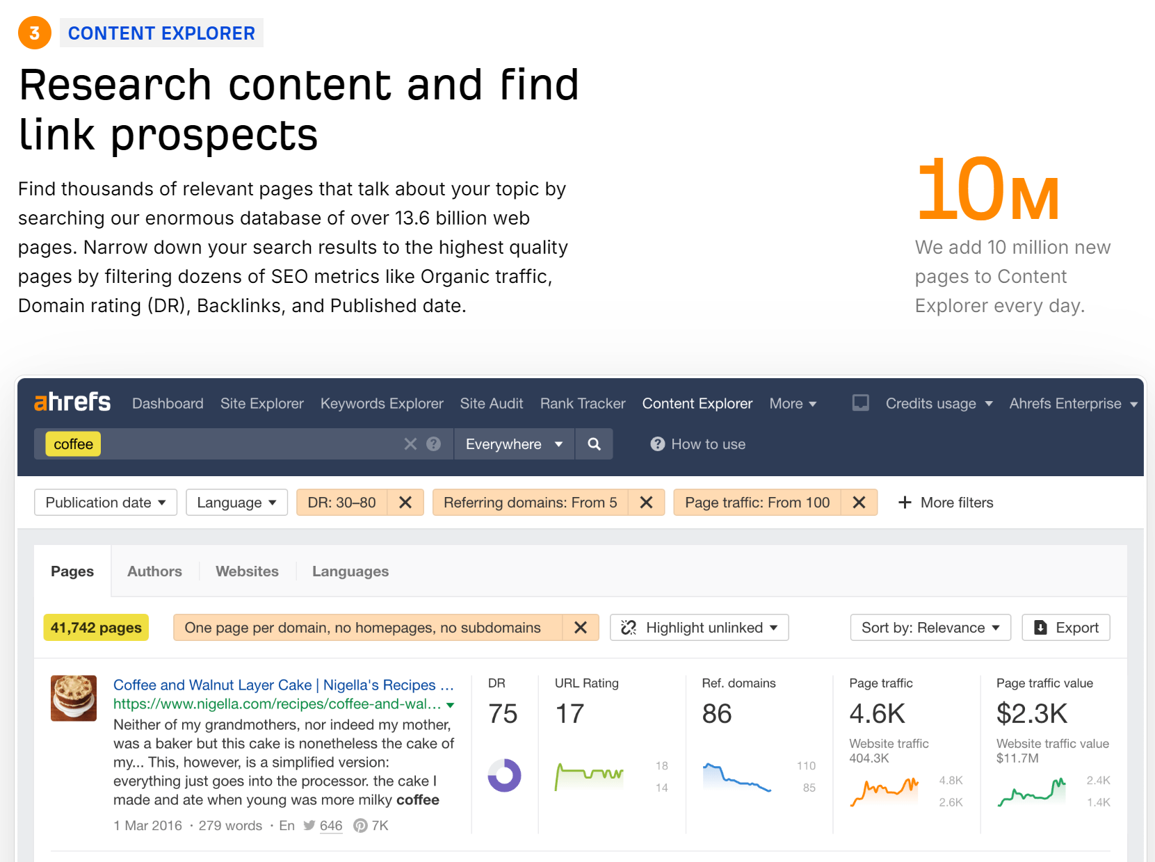 Ahrefs highlights how it helps SEOs research content and find link prospects