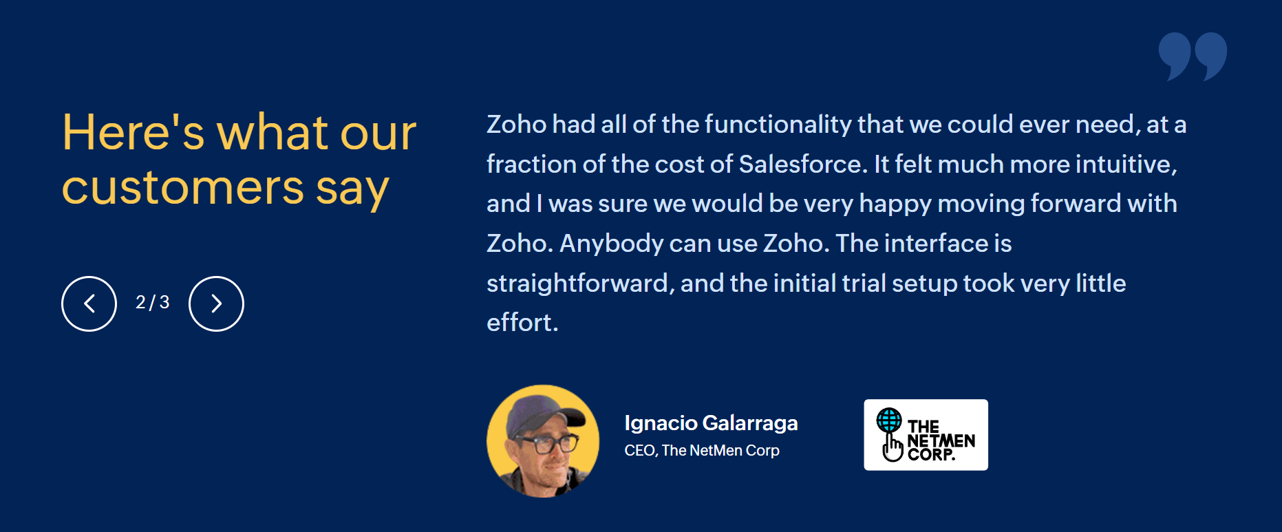 A CEO provides social proof that Zoho is a better product "at a fraction of the cost of Salesforce."