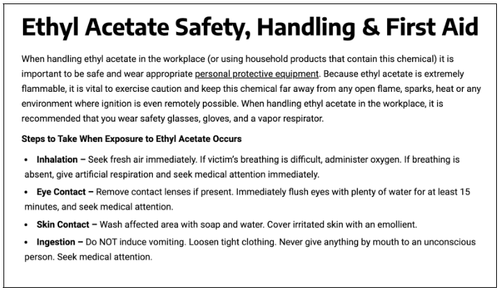 A screenshot of VelocityEHS's page on safety and handling of ethyl acetate