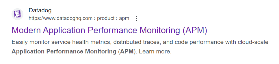 Datadog helps its APM page rank by including a concise, compelling meta title and description
