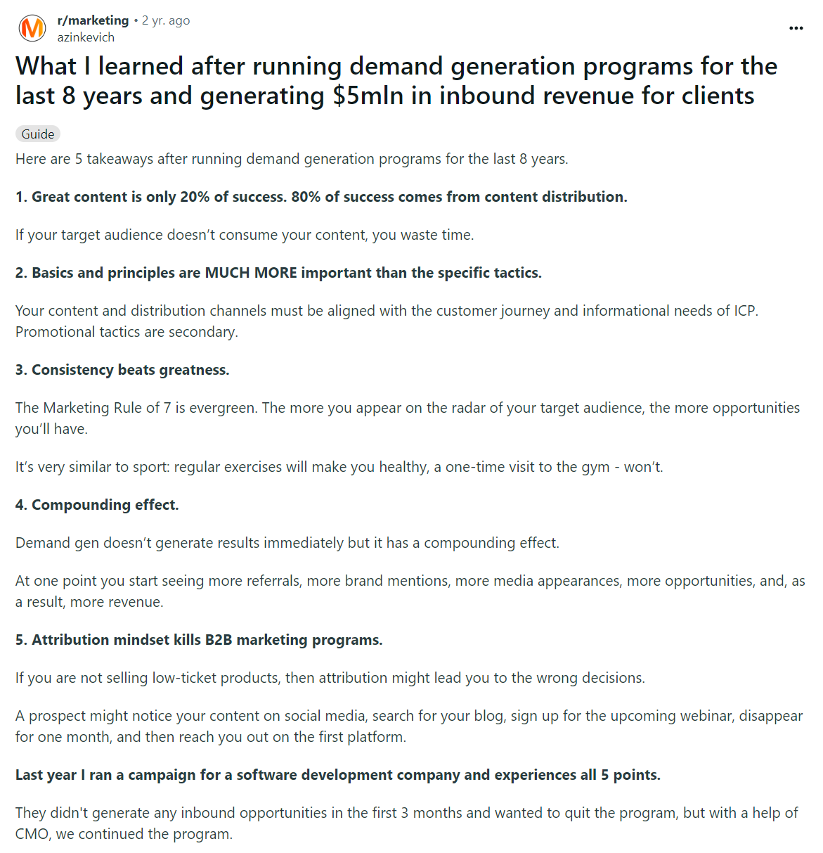 A Demand Gen expert creates a Reddit post explaining what he's learned over 8 years in the space and how he's used it to drive millions of in bound revenue