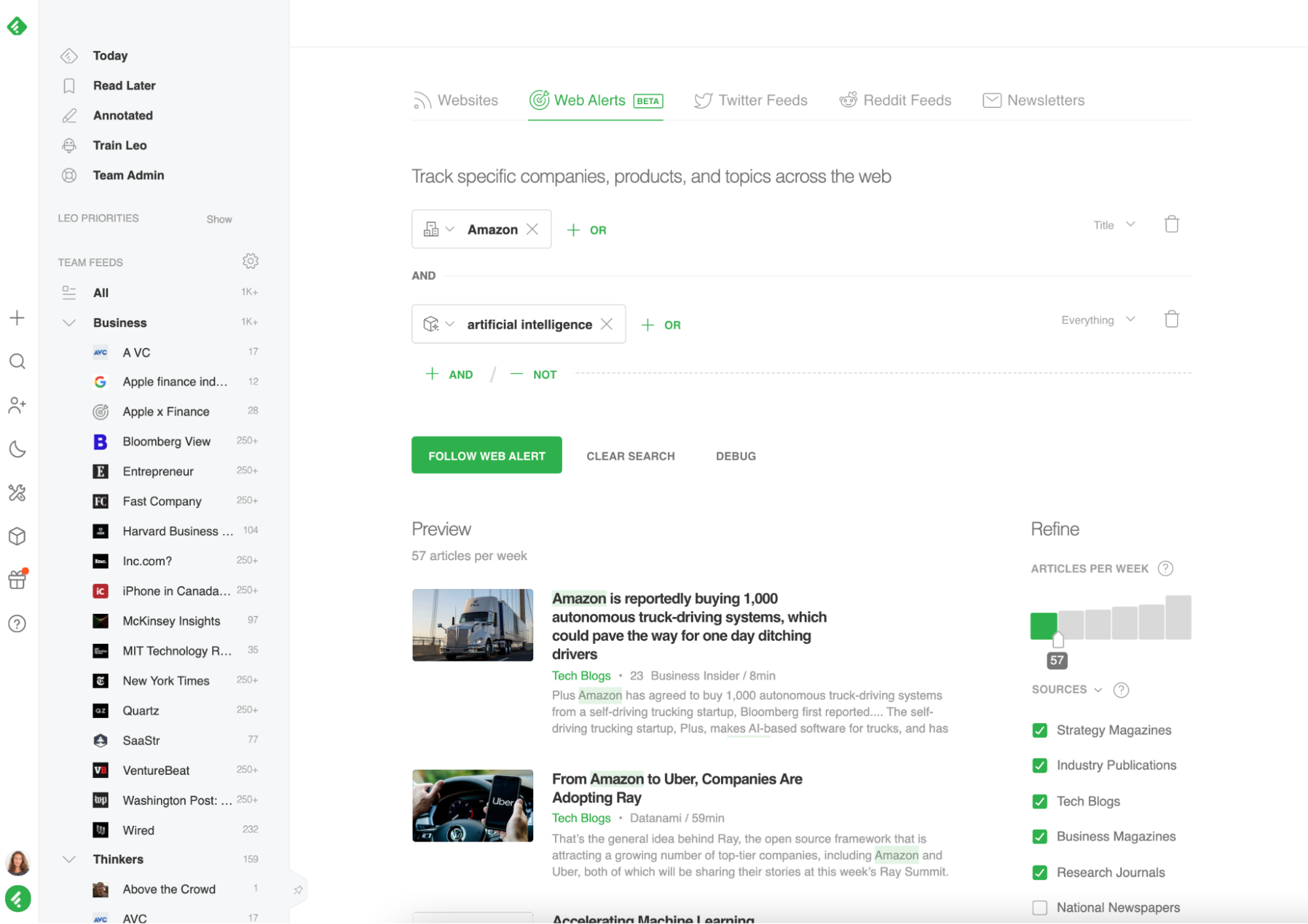 A screenshot of Feedly's AI feed