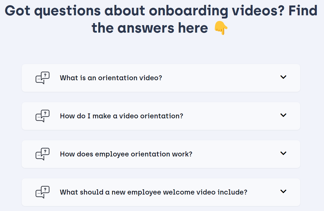 Synthesia's orientation template page includes a section answer FAQs about orientation videos, including what they are and how to make them