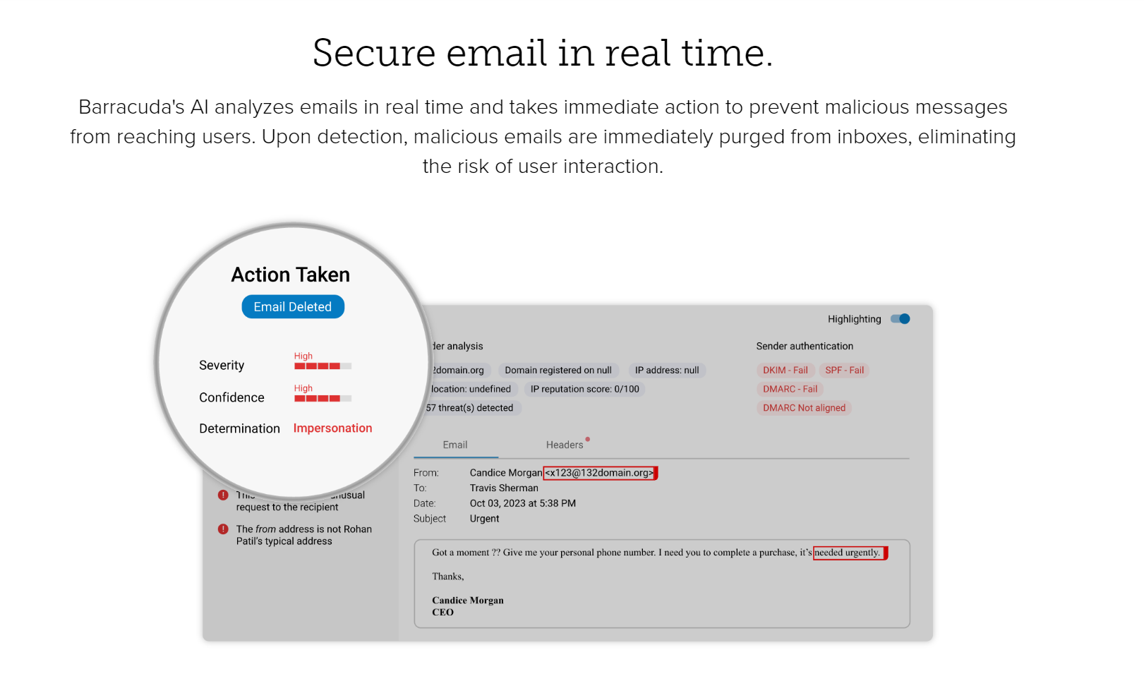 Barracuda's anti-phishing landing page also includes screenshots of the product and UI to show how it helps "secure email in real time."