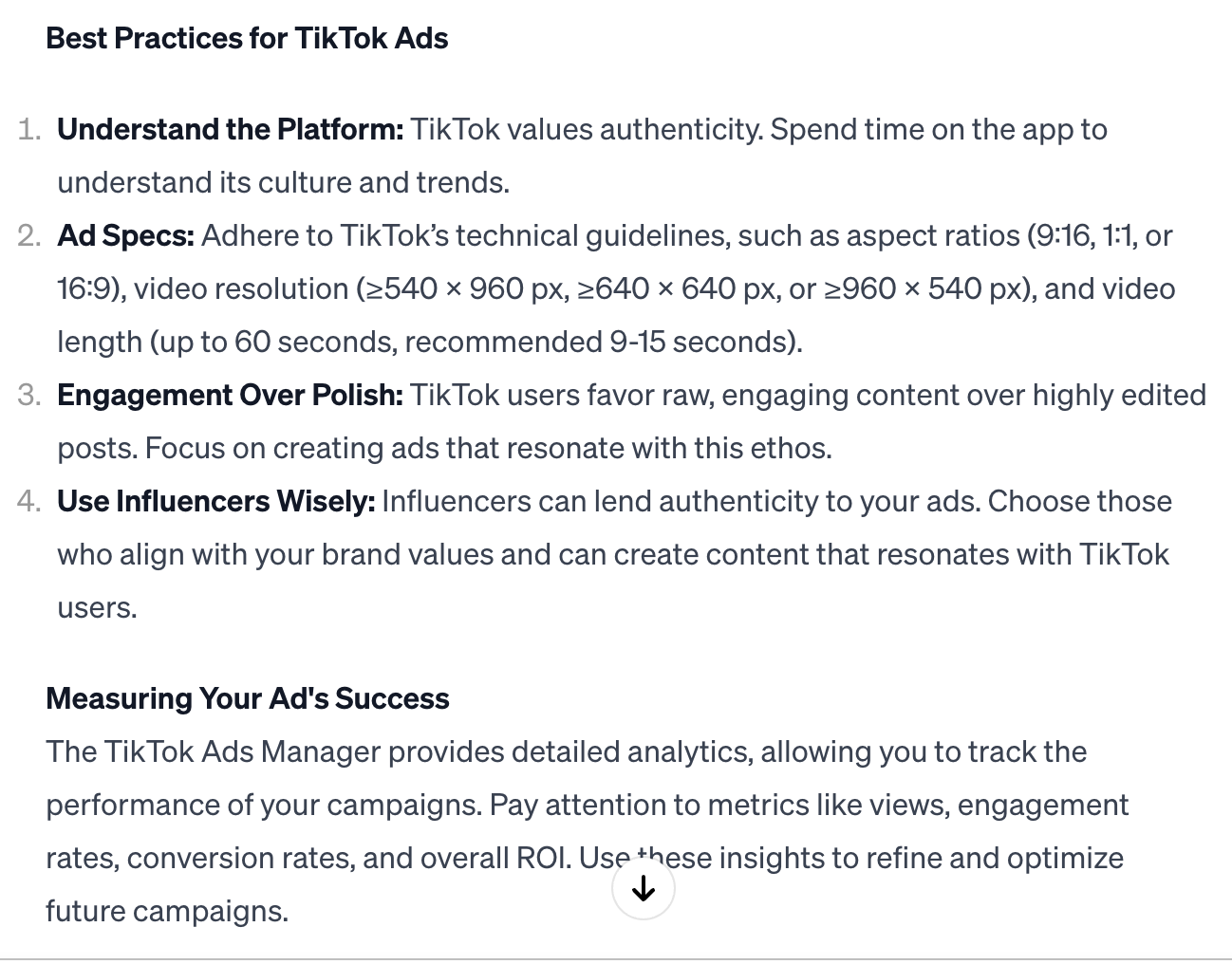 A screenshot of a ChatGPT response outlining best practices on TikTok