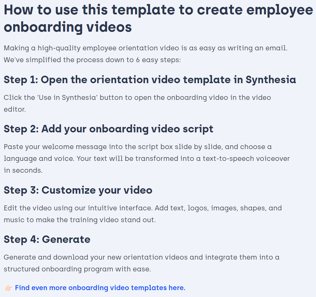 Users can custom Synthesia's orientation video template in four easy steps: open, add, customize, and generate
