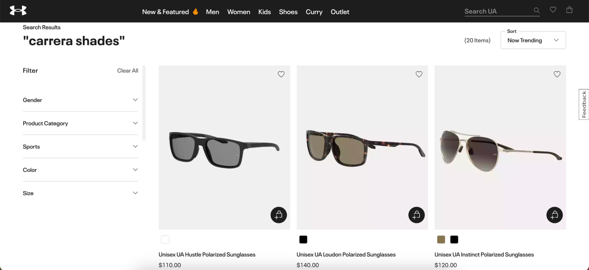 A screenshot of a search for "Carrera shades" on the Under Armour website, showing results with Under Armour sunglasses