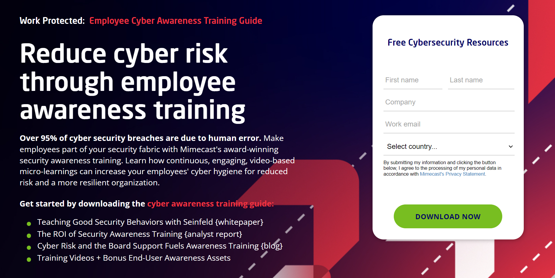 A paid ad from Mimecast promoting resources on its cybersecurity awareness training