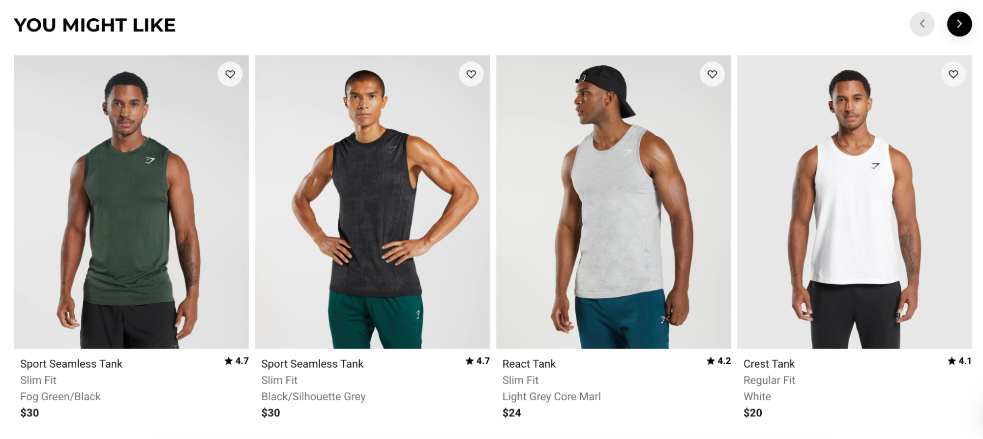 A screenshot of a recommendations carousel from GymShark's website, powered by Algolia