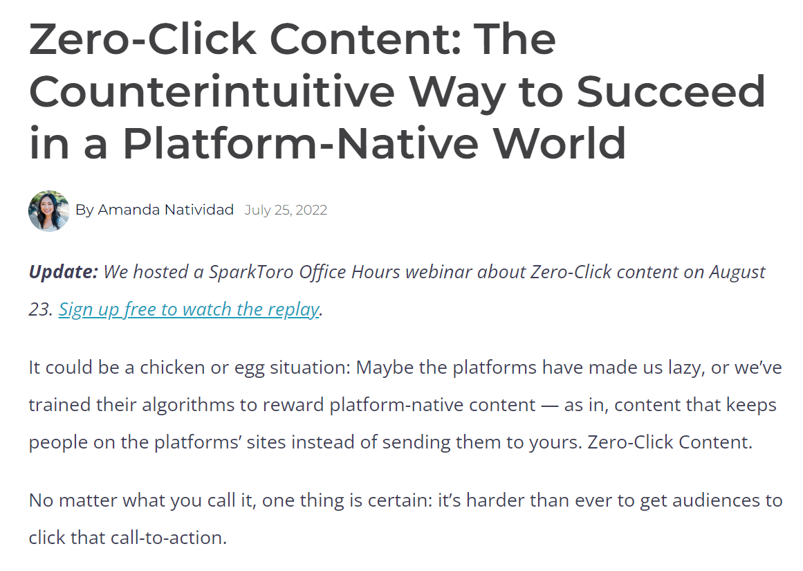 SparkToro's Zero-Click Content piece is linked at the bottom of a pinned thread to help with distribution