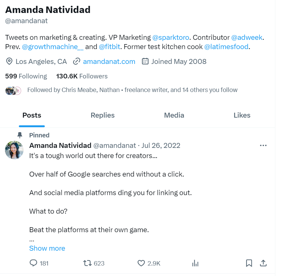 SparkToro VP of Marketing, Amanda Navitidad, has pinned a thread about zero-click content to her X profile
