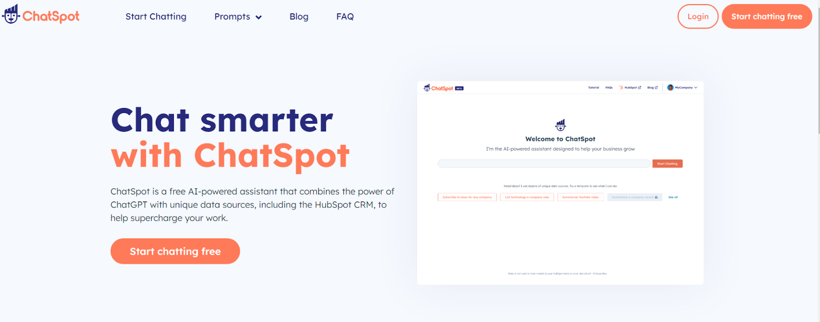 The landing page for HubSpot's conversational AI tool, ChatSpot, is a free option to help customers "chat smarter."