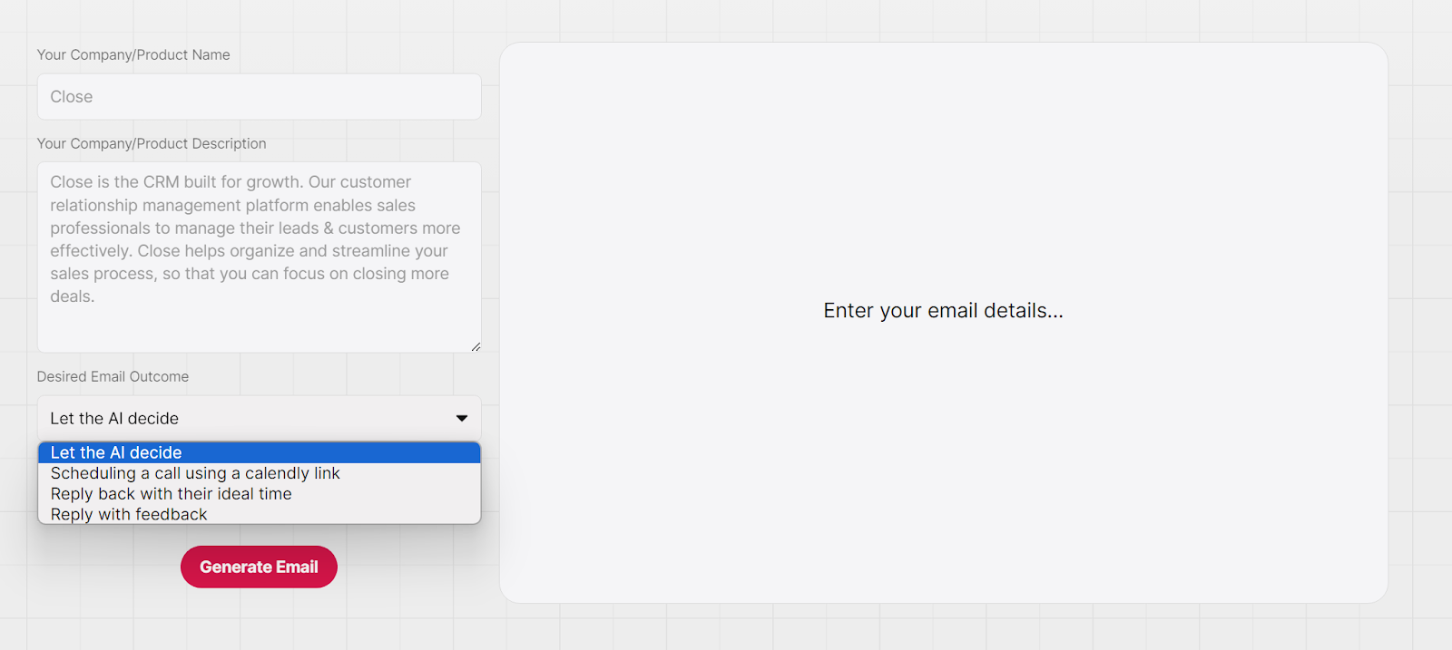 Close CRM has an AI email generator that lets users enter company and product descriptions to create emails for free.