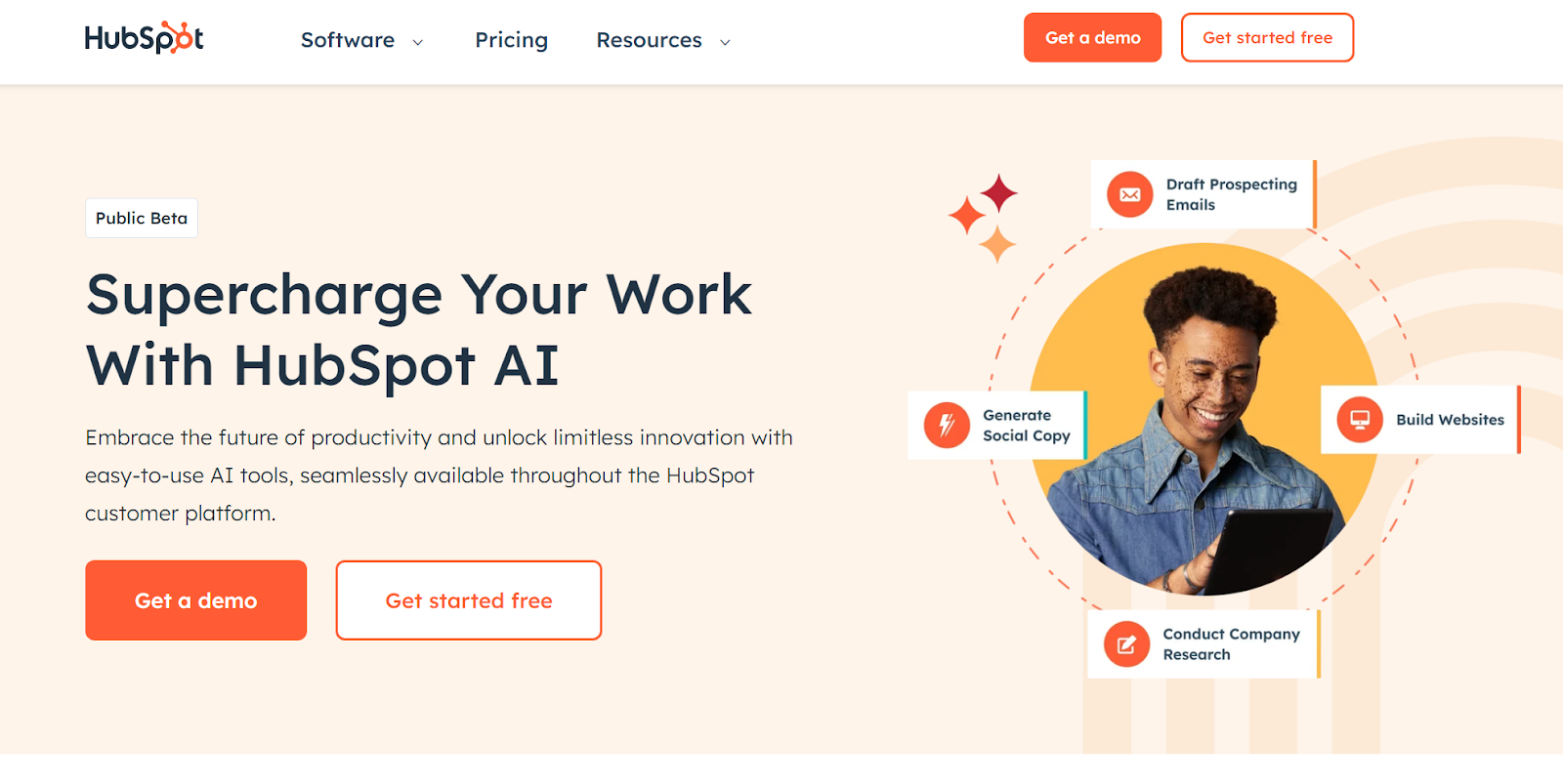 The HubSpot AI landing page urges you to "Supercharge Your Work" and includes CTAs to get a demo or get started for free.