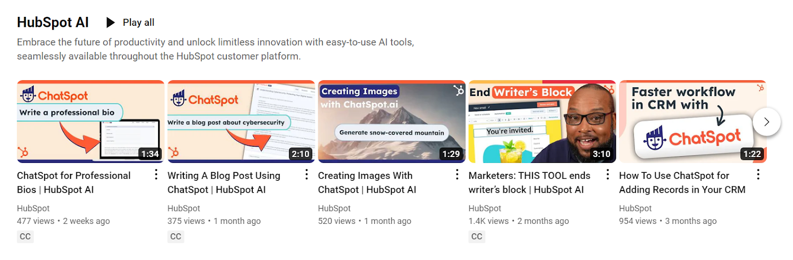 A HubSpot YouTube playlist featuring videos related to ChatSpot and their other AI in CRM tools.