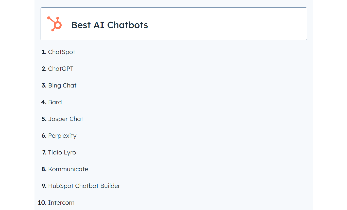 A list of the best AI chatbots in a HubSpot article, led by ChatSpot and ChatGPT.