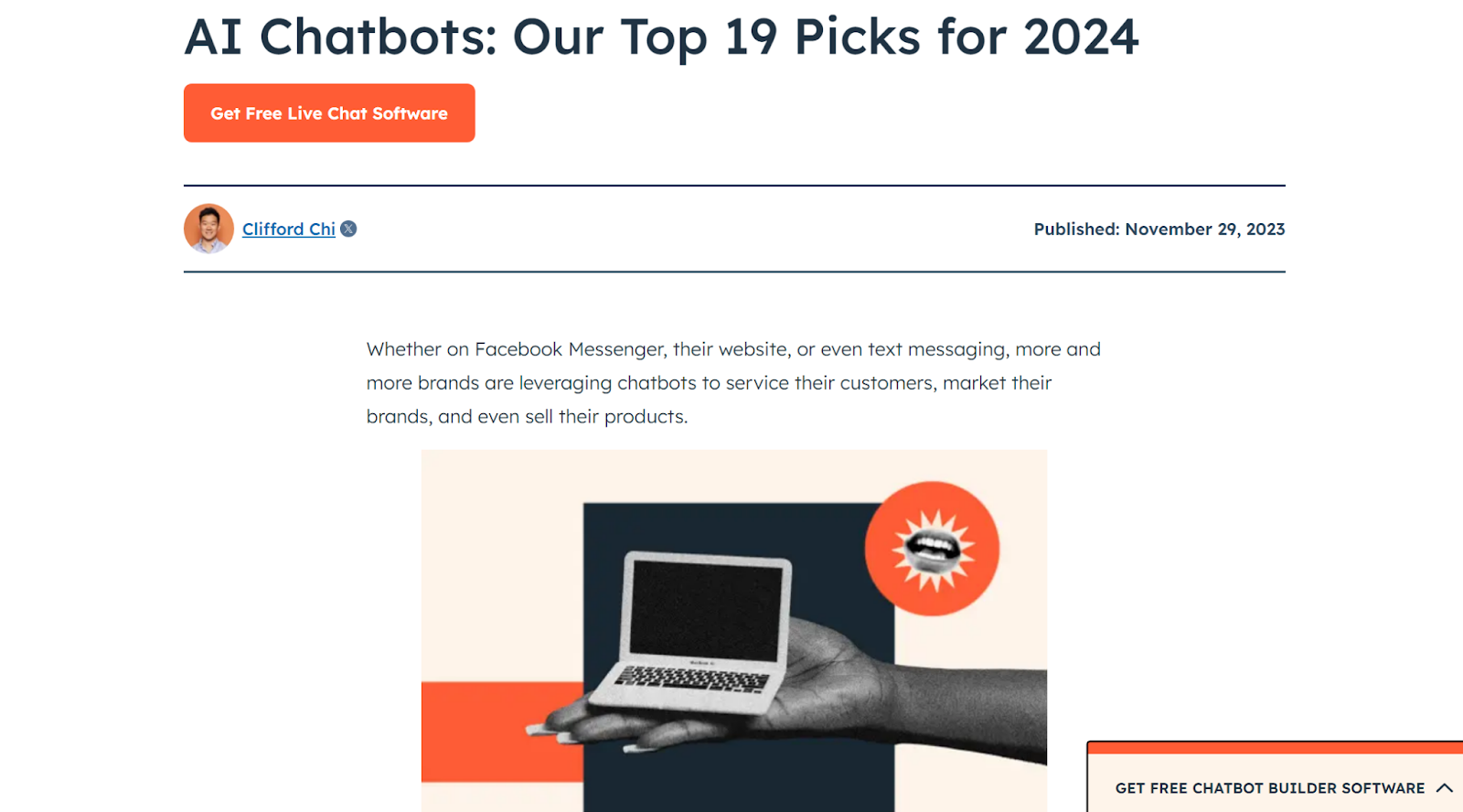 The header section of a HubSpot article titled "AI Chatbots: Our Top 19 Picks for 2024."