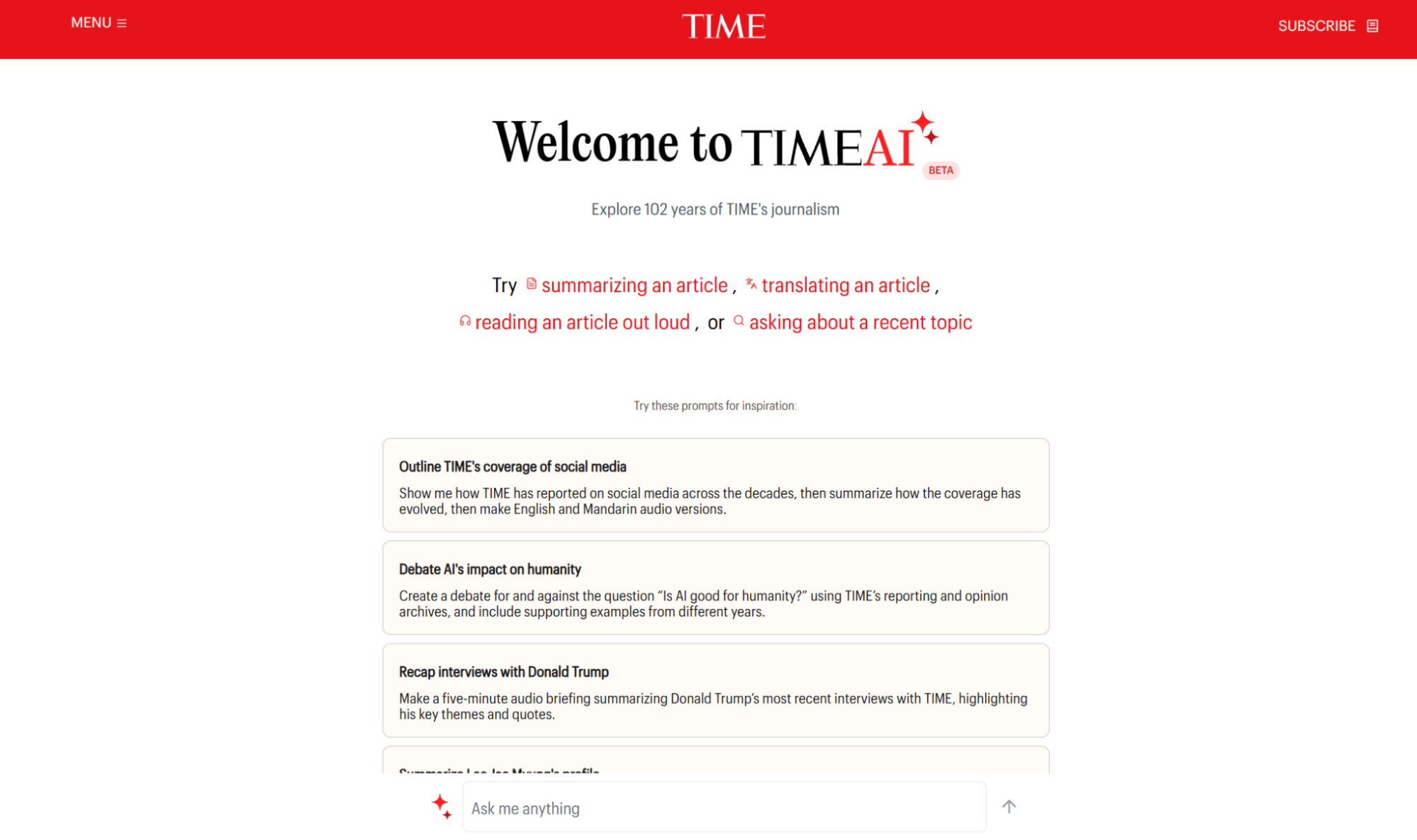 OpenAI powers TIME's TIMEAI tool that lets readers "Explore 102 years of Time's Journalism."