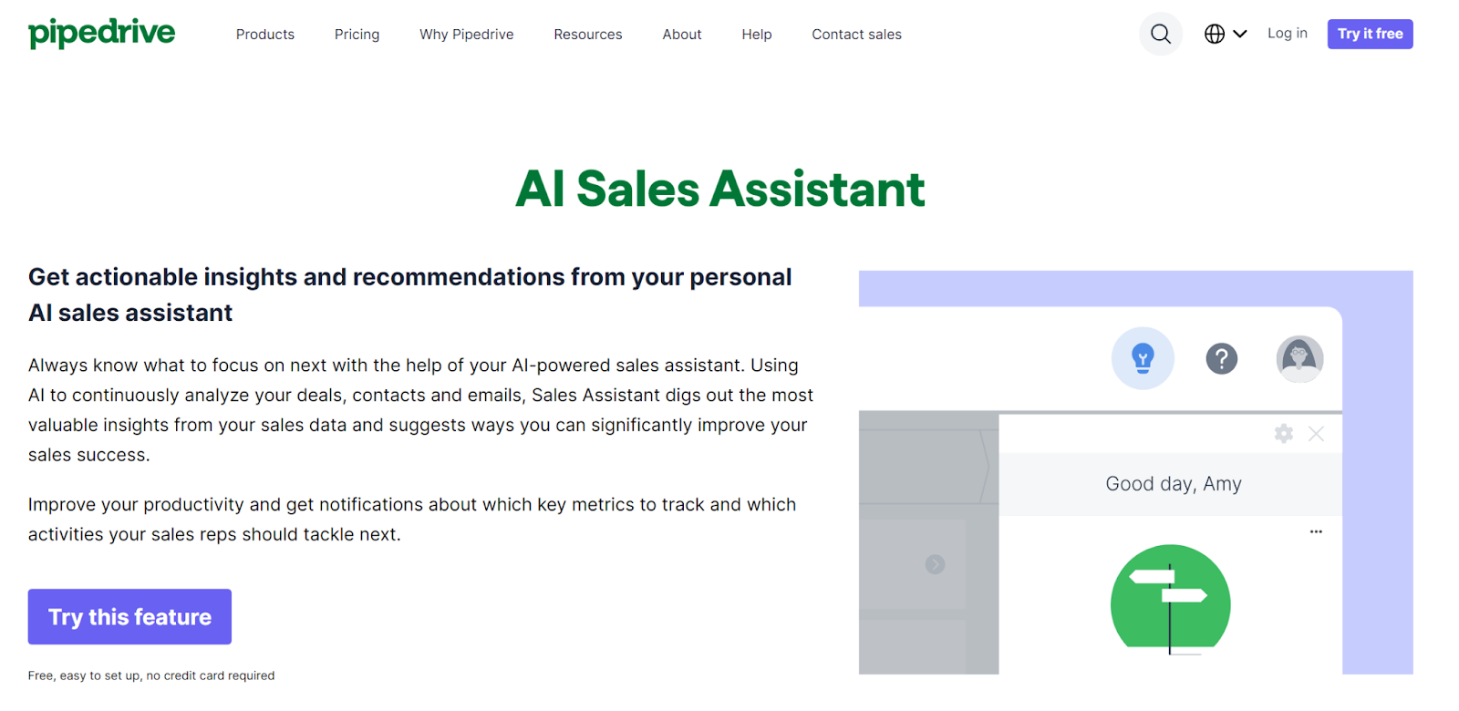 The landing page for Pipedrive's AI Sales Assistant with a button prompting readers to "Try this feature."