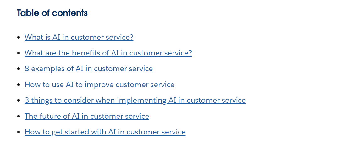 The table of contents for a Salesforce AI in CRM blog