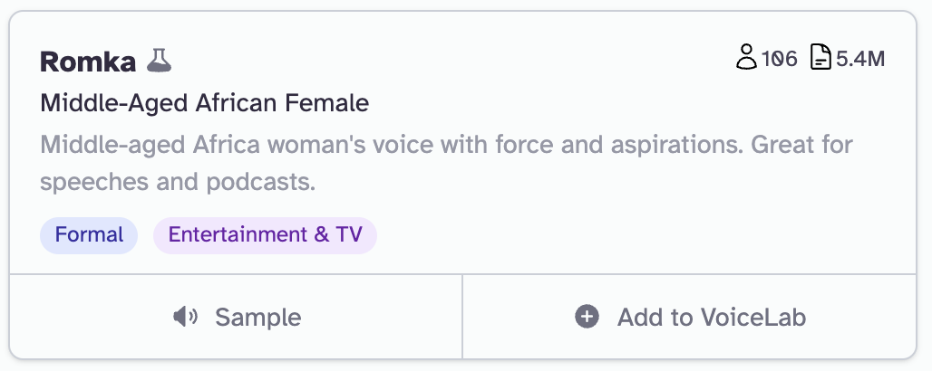 A screenshot of a voice clone option on ElevenLabs