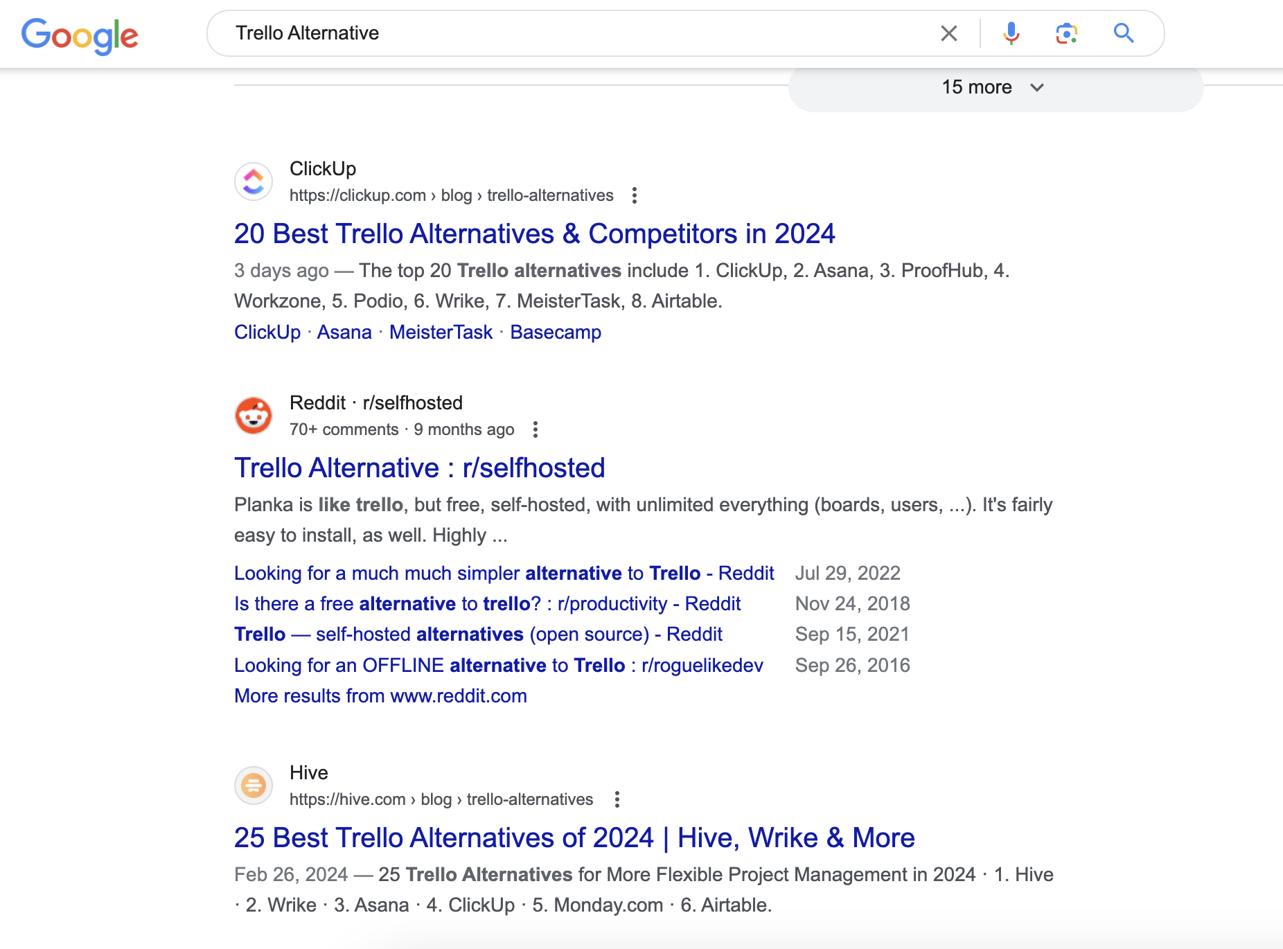 A subreddit post about Trello alternatives is also featured prominently in the SERPs for this search term
