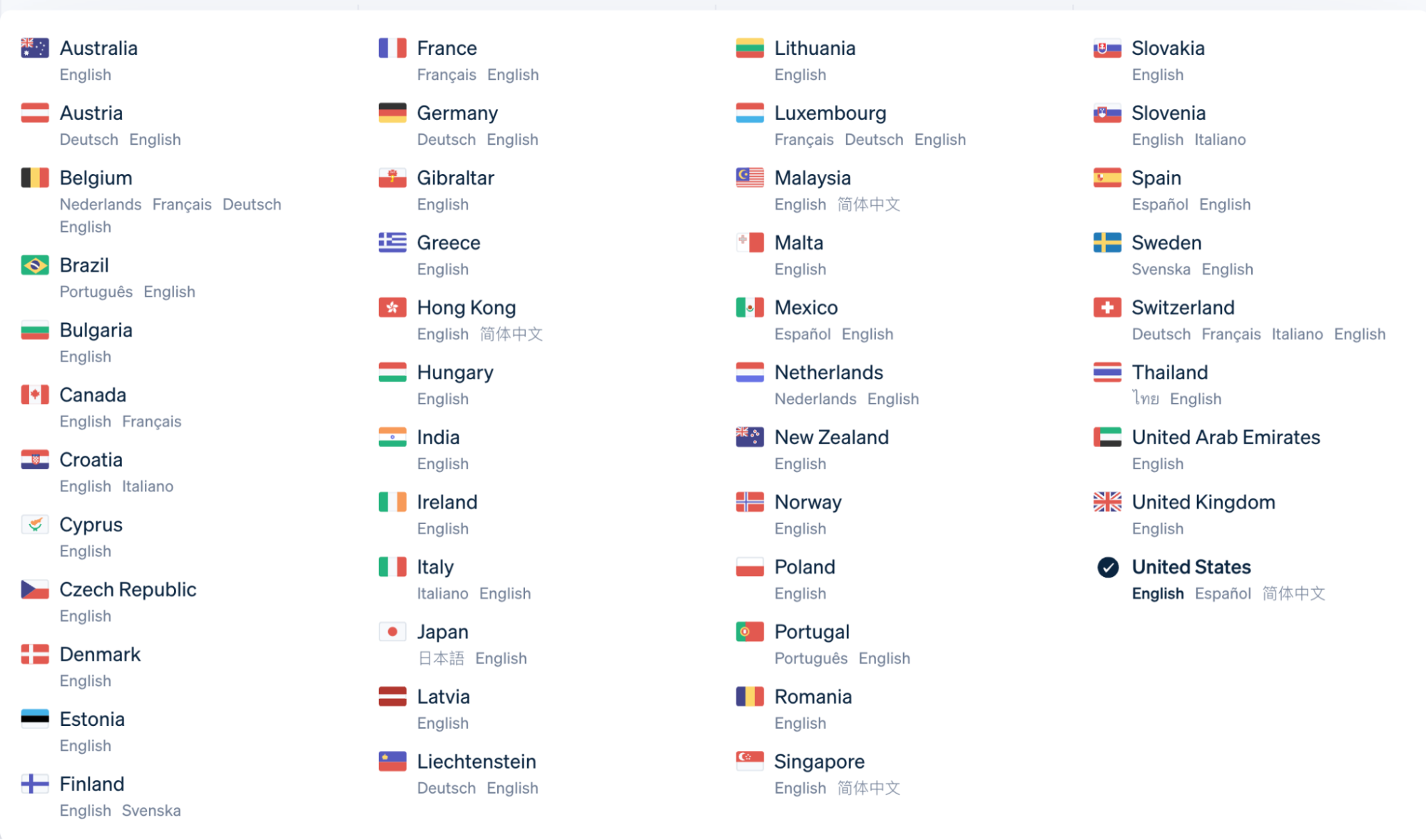 A list of languages Stripe's website is available in