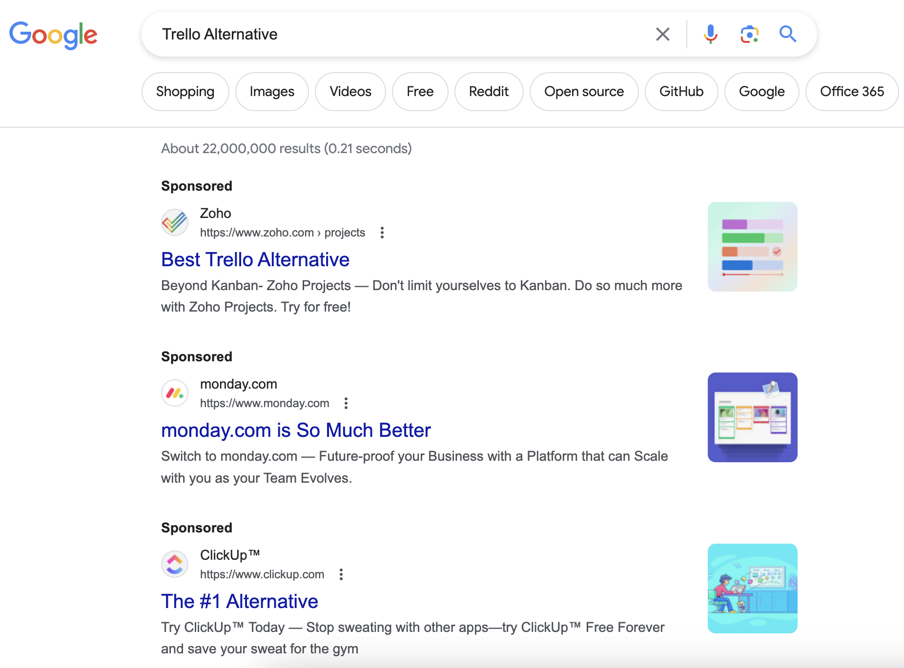 The SERP for Trello Alternative begins with three paid ads from competitors