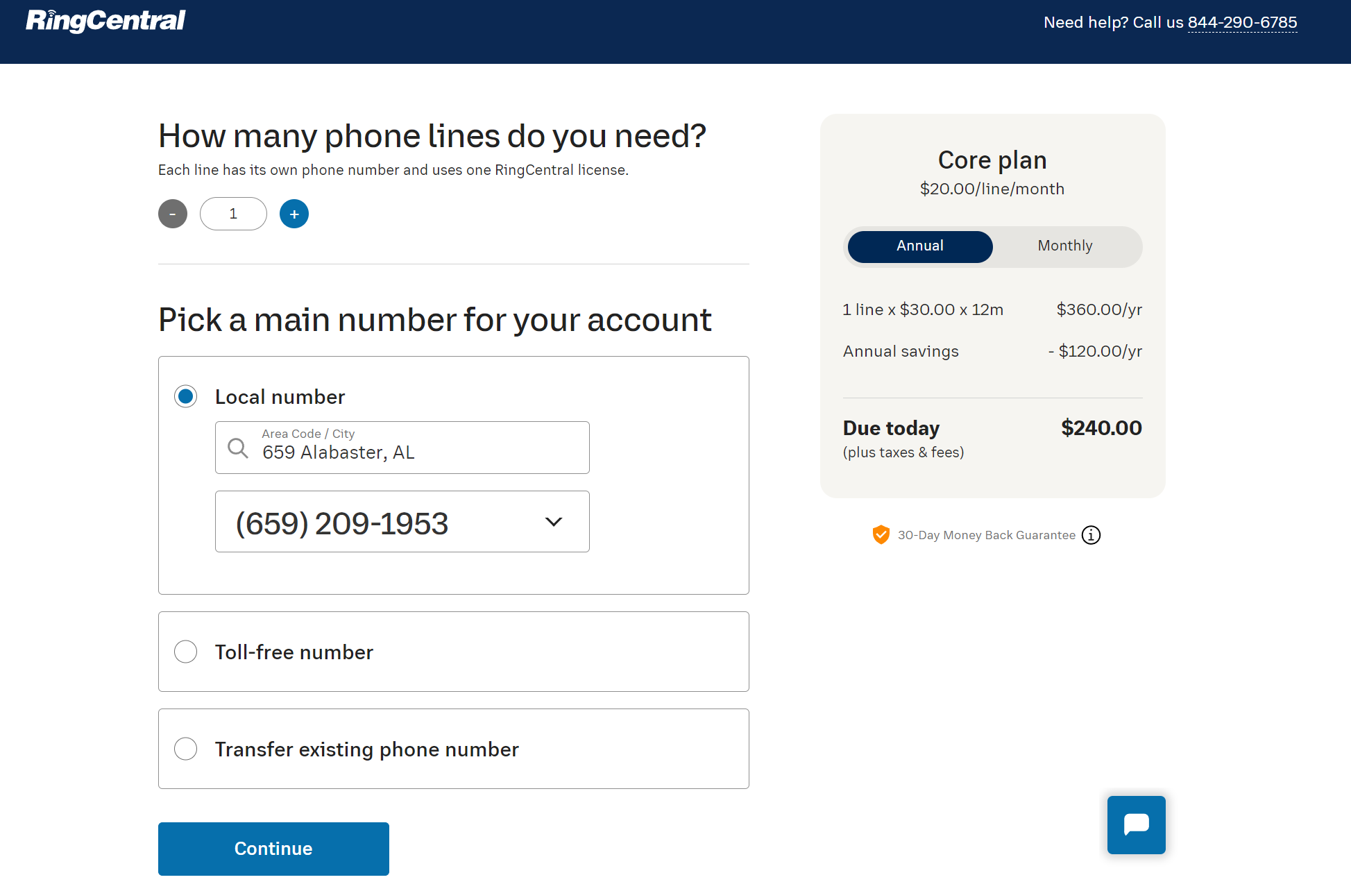 RingCentral Phone Number Sign-Up Page