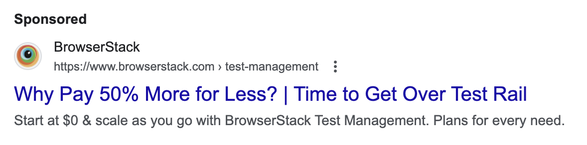 Screenshot of BrowserStack's TestRail Google Ad