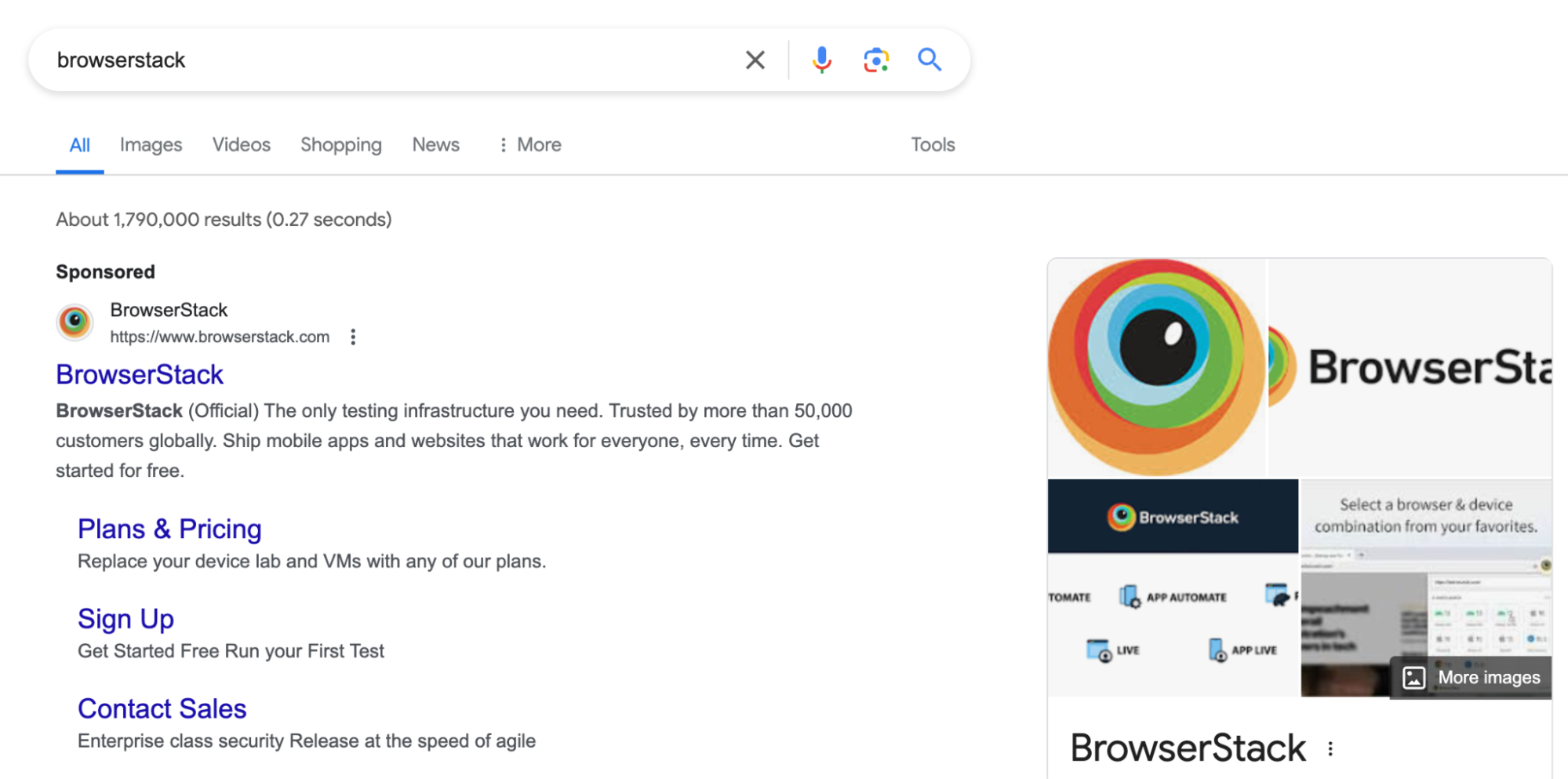 Screenshot of the SERP for browserstack
