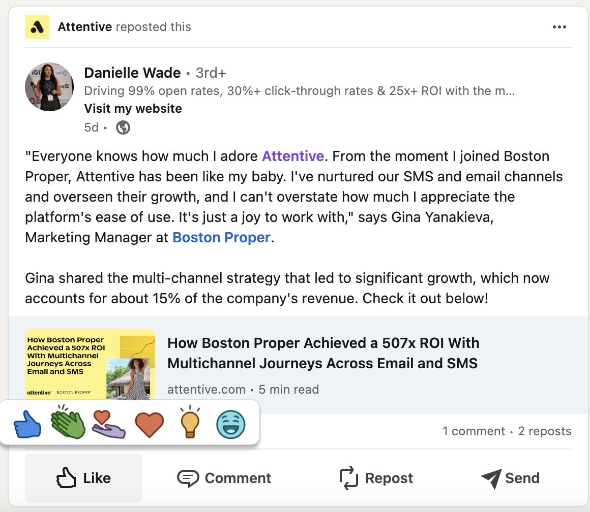 Attentive employee LI post shared on their company page