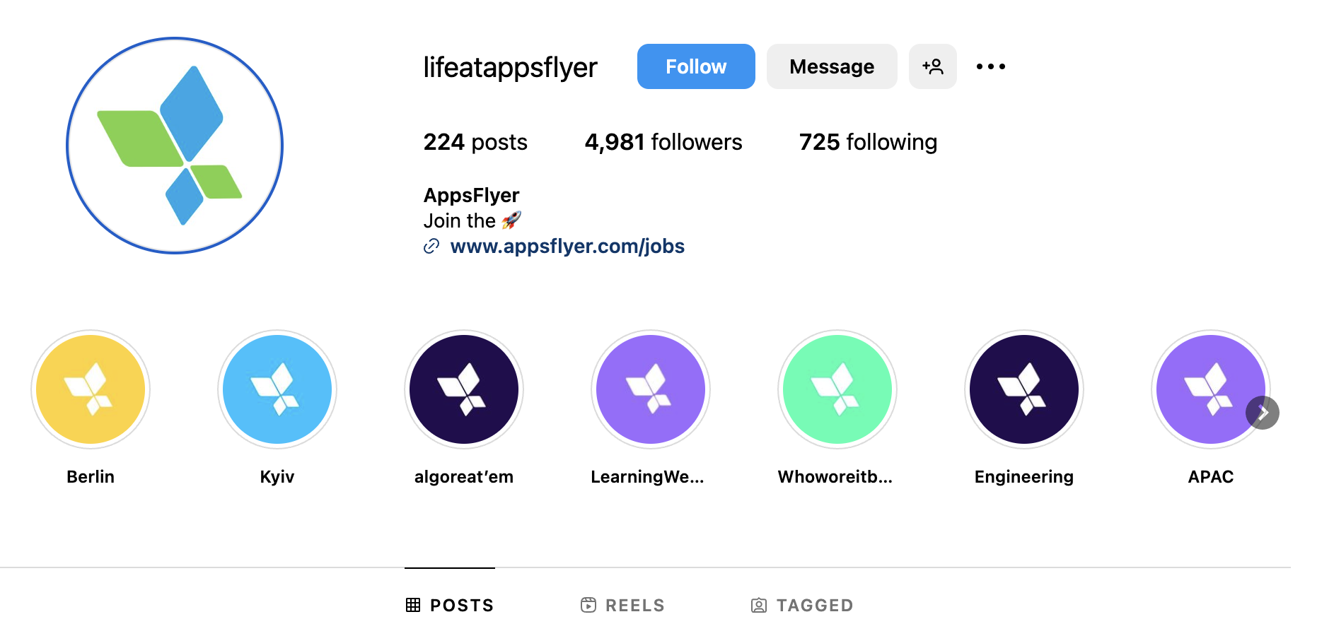 Screenshot of the LifeAtAppsFlyer instagram page