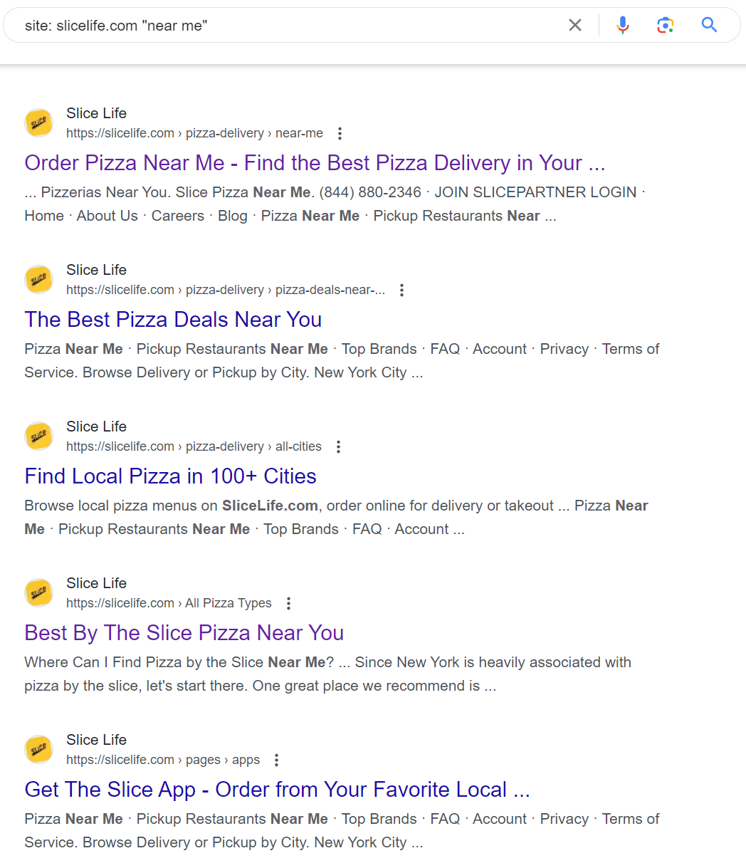 Four Google search results for "pizza near me" from slicelife.com