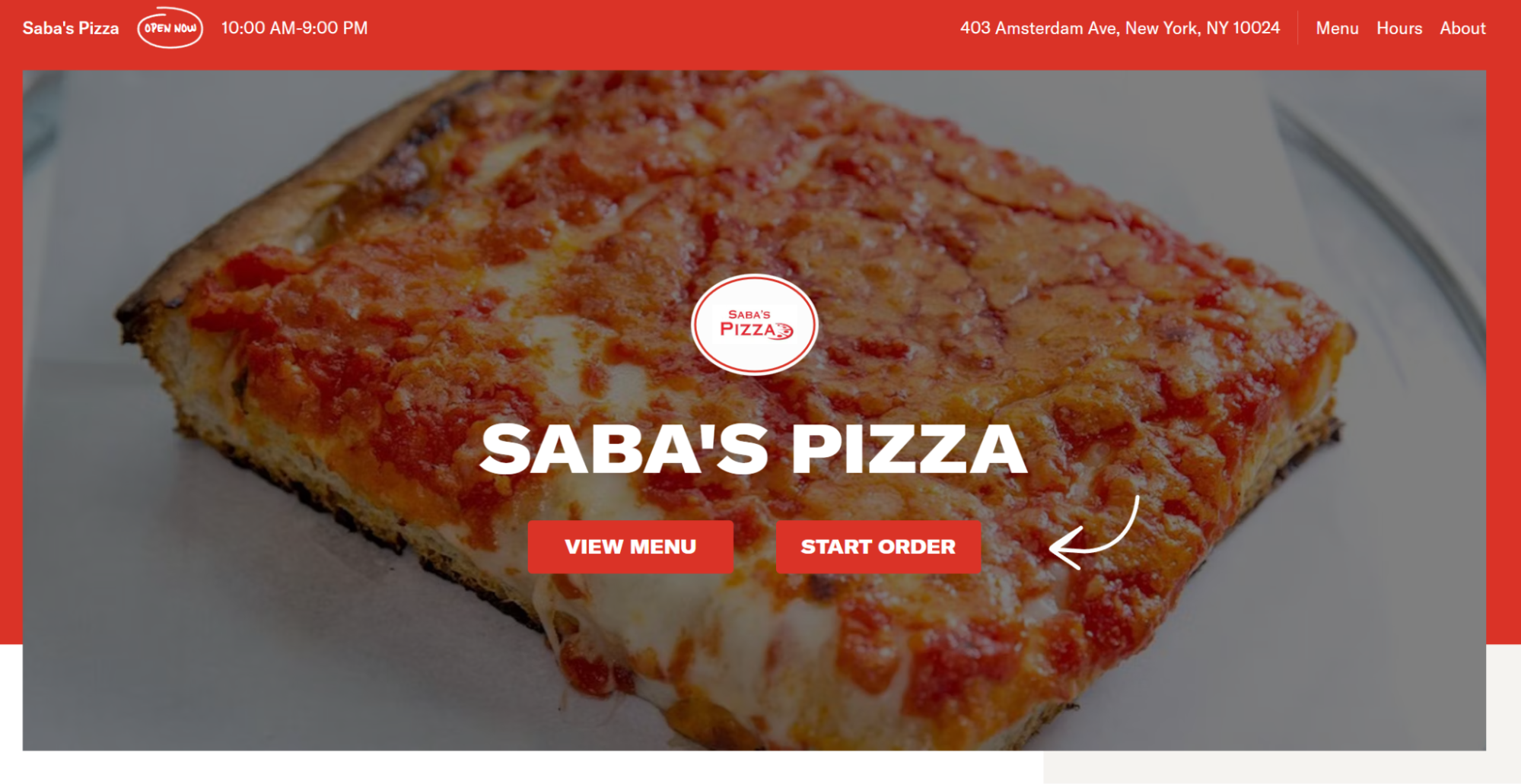 Saba's Pizza site powered by Slice