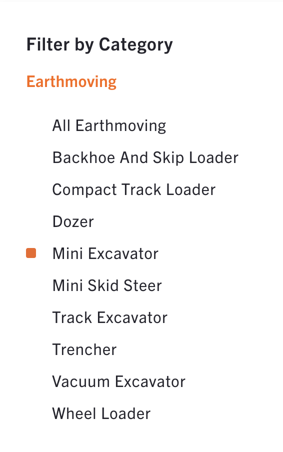 A screenshot of a table of navigation elements within EquipmentShare's Earthmoving category, which lists All Earthmoving; Backhoe and Skip Loader; Compact Truck Loader; Dozer; Mini Excavator, which is highlighted as being the current page; Mini Skid Steer; Track Excavator; Trencher; Vacuum Excavator; and Wheel Loader.