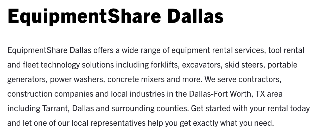 A screenshot of geo-specific content for EquipmentShare Dallas that highlights rental services and tools available, specific categories of clients they serve, and which local areas they serve.