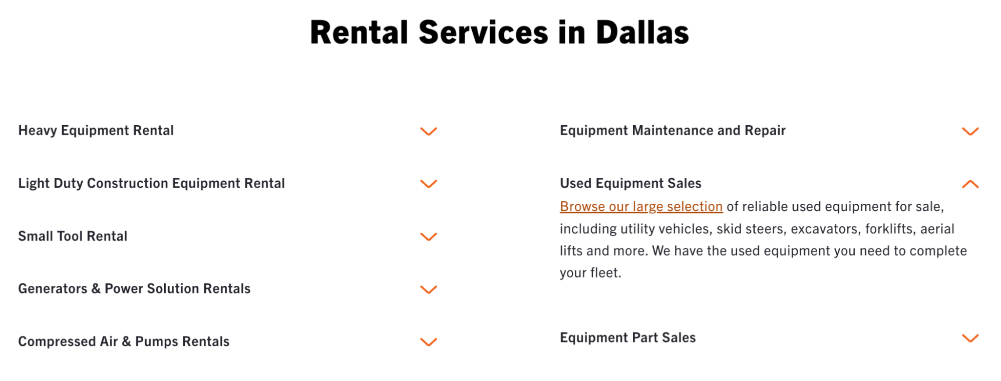 A screenshot of EquipmentShare's rental services available in Dallas. Each service is formatted as an accordion element on the website that expands to show text with more details, including a link to the relevant product page.