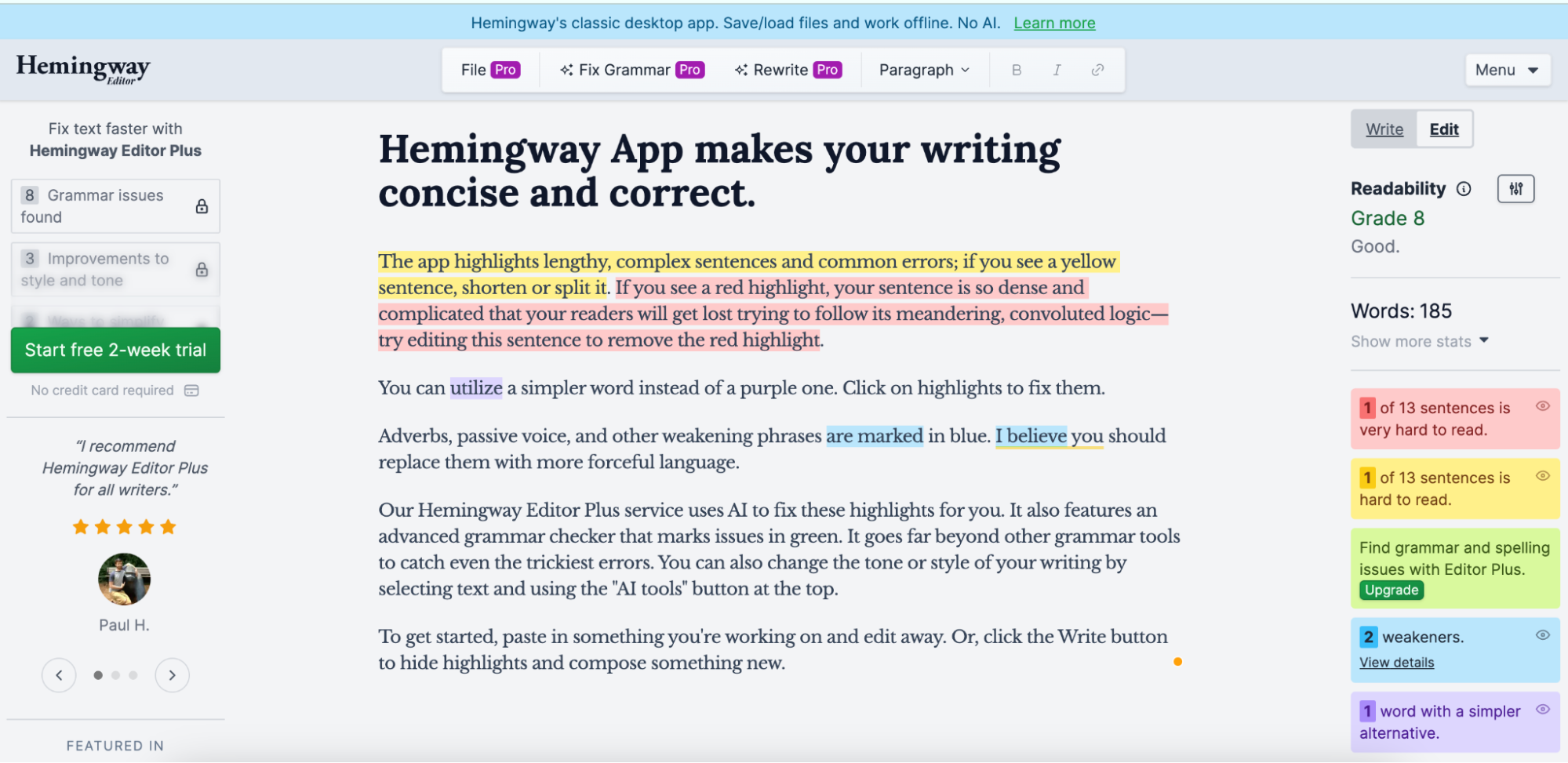 Hemingway App homepage