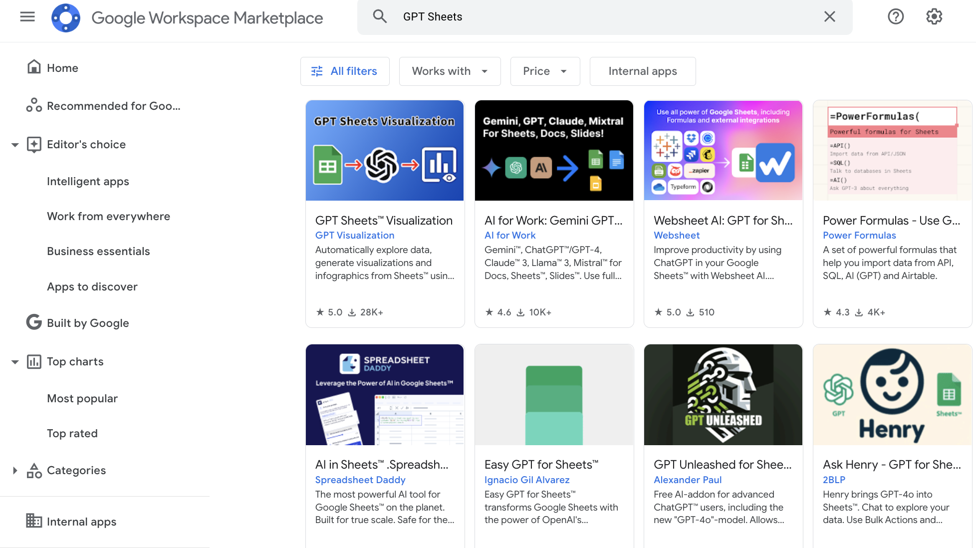 a screenshot of GPT plugins for Google Sheets on Google Workspace Marketplace