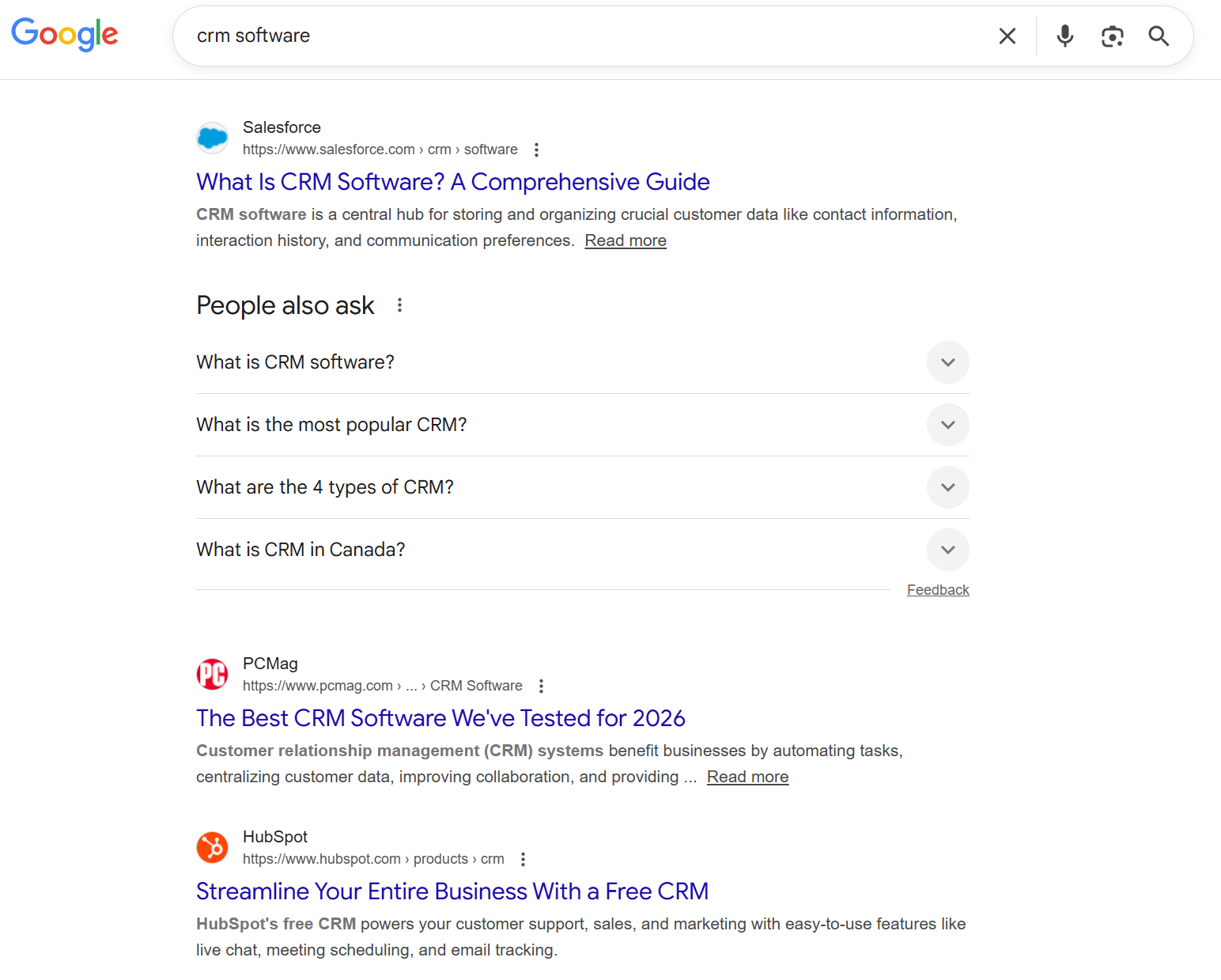 Google SERP for the term "crm software" showing results from Salesforce, PC Mag, and HubSpot