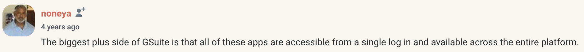 A screenshot of a comment describing the benefits of GSuite