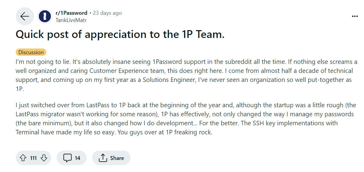 Members of the r/1Password subreddit post their appreciation for the engage that the brand shows on Reddit