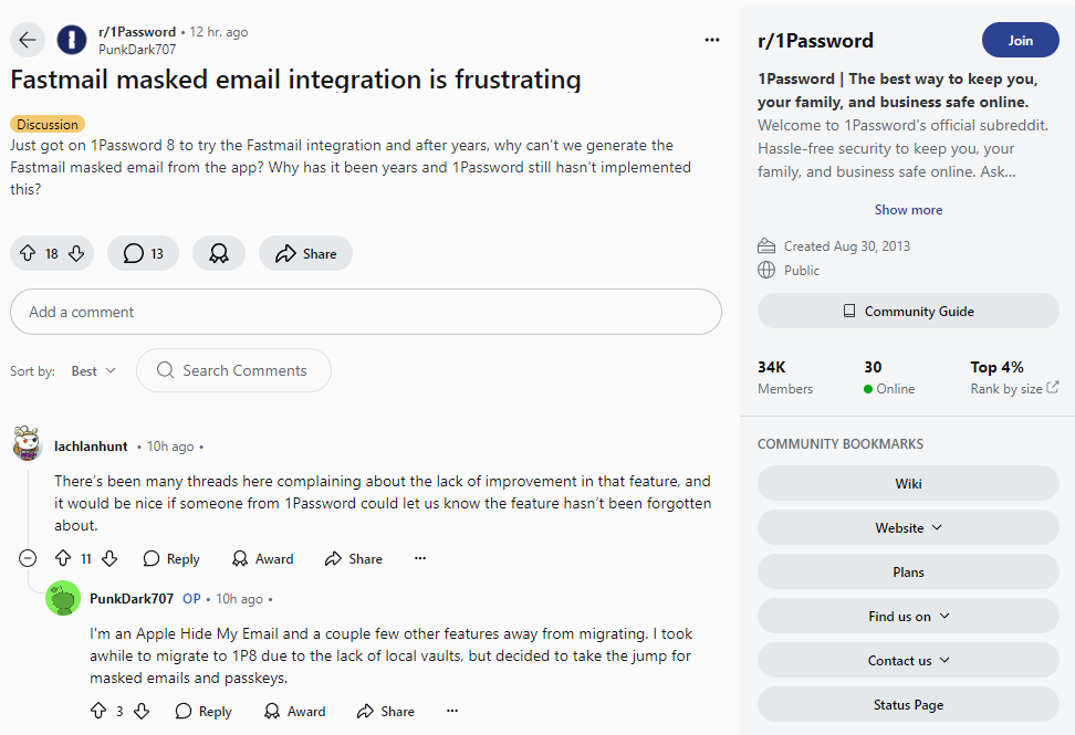 A 1Password user vents their frustration about the product in r/1Password