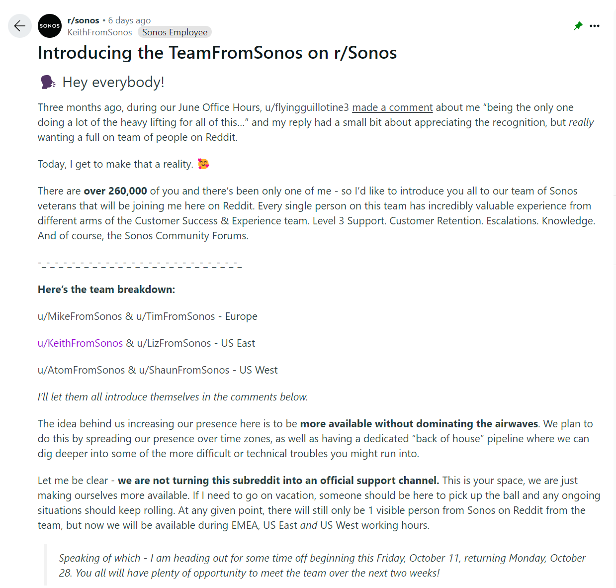 u/KeithFromSonos connecting with the r/Sonos sub