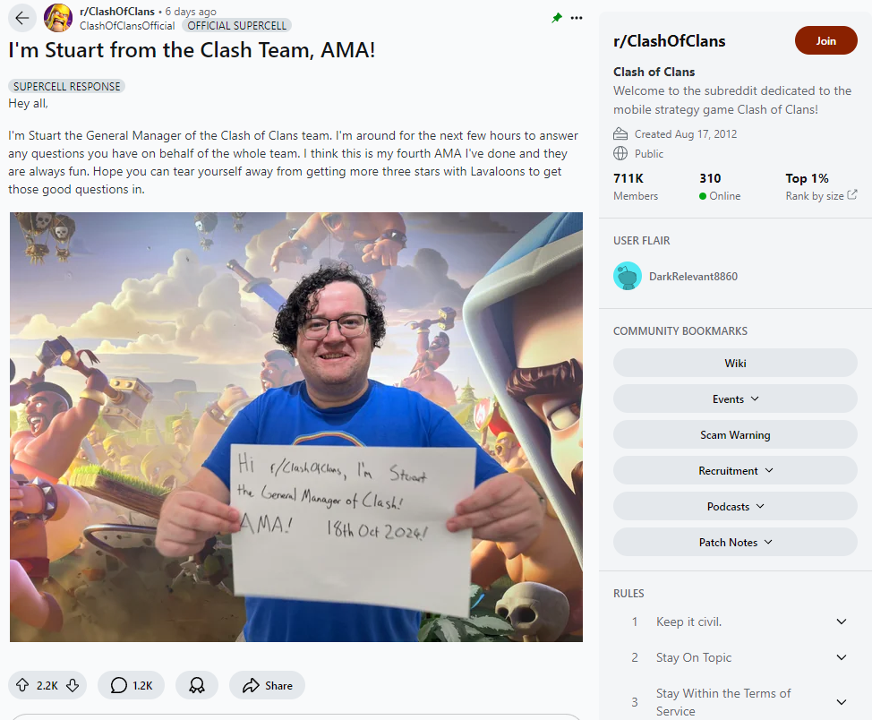 Stuart from the Clash Team announces an AMA in the r/ClashOfClans subreddit